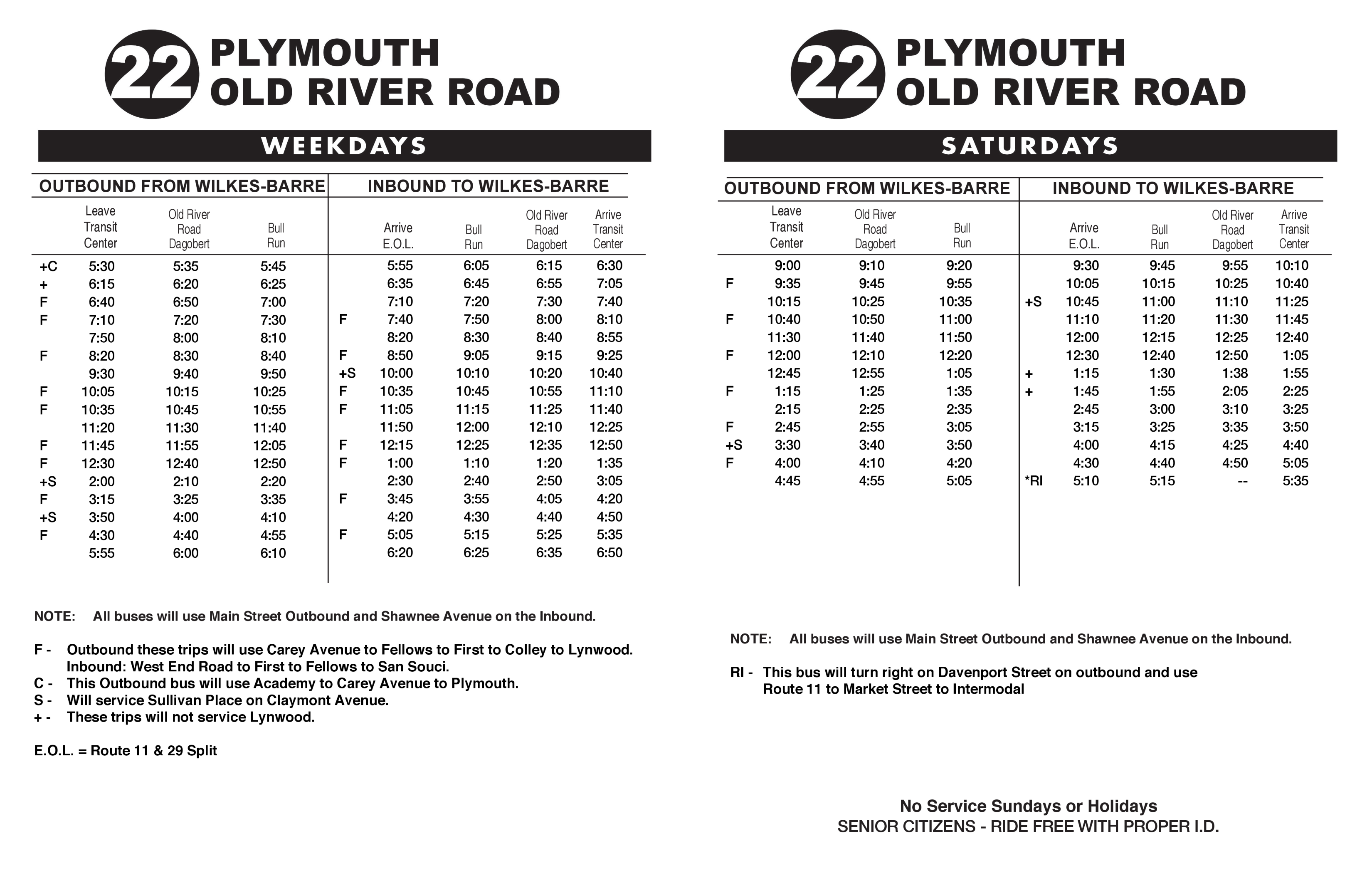 Route 22 departure tables. Effective March 23, 2020