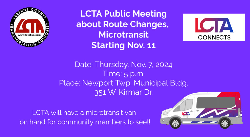 Meeting to discuss Route Changes and Microtransit.
Newport Twp Municipal Building
351 W. Kirmar Dr